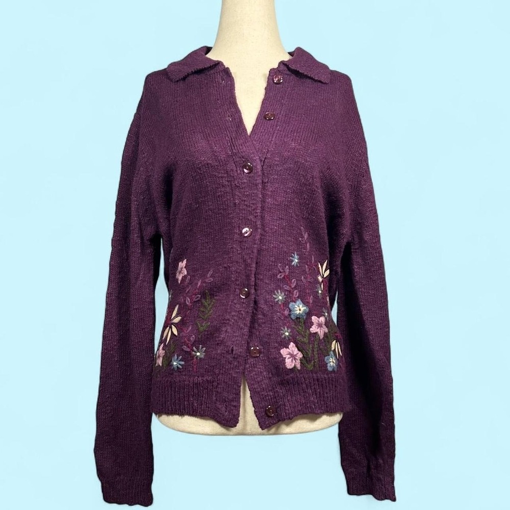Vintage Purple Floral Embroidered Cardigan Button Up Cottagecore Fall Womens M/L